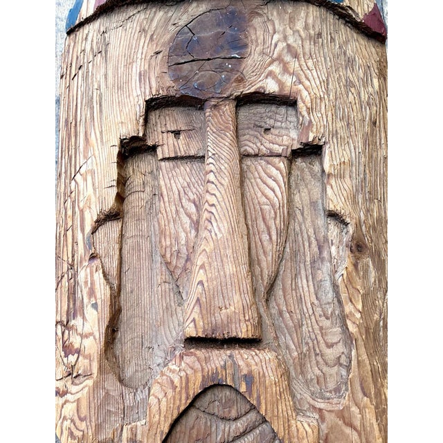 This exceptional vintage folk art mask is a masterwork of rustic expressionism, hand-carved from a single block of solid...