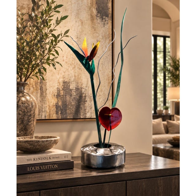 2000 - 2009 Contemporary Handcrafted Metal Floral Sculpture - Bird of Paradise & Anthurium in Brushed Steel Base - signed "K Johnson" For Sale - Image 5 of 9