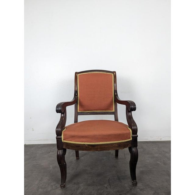 Restoration Mahogany Armchair with Curved Armrests and Orange Fabric, in Very Good conditions. Designed before 1890