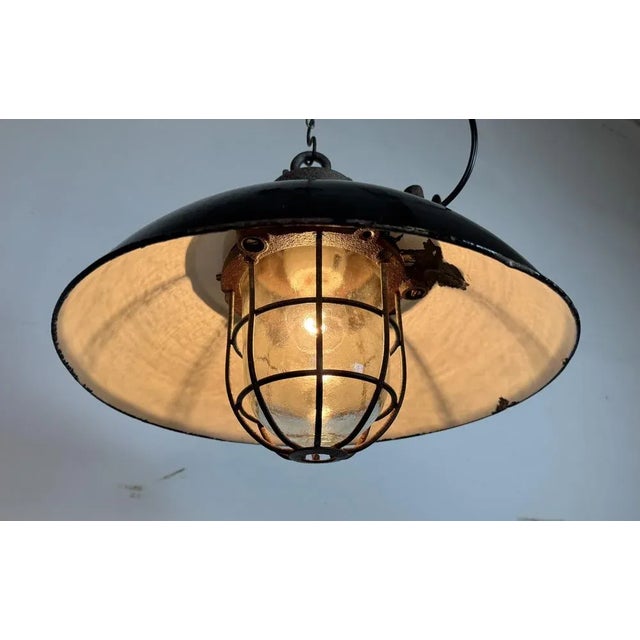 Industrial Black Enamel and Cast Iron Cage Pendant Light from Elektrosvit, 1960s For Sale - Image 17 of 18