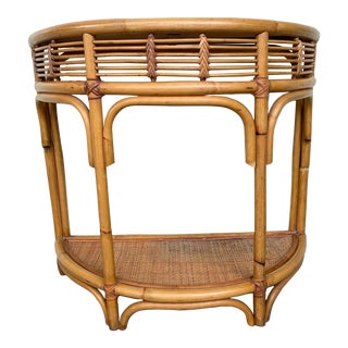 1960s Palm Regency Rattan Demilune Console For Sale