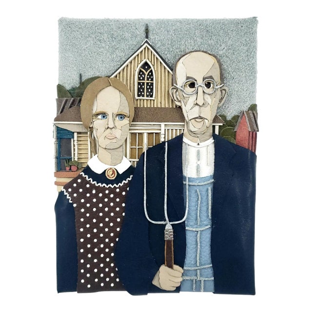 Handmade Leather Wall Art Parody Grant Wood "American Gothic" For Sale