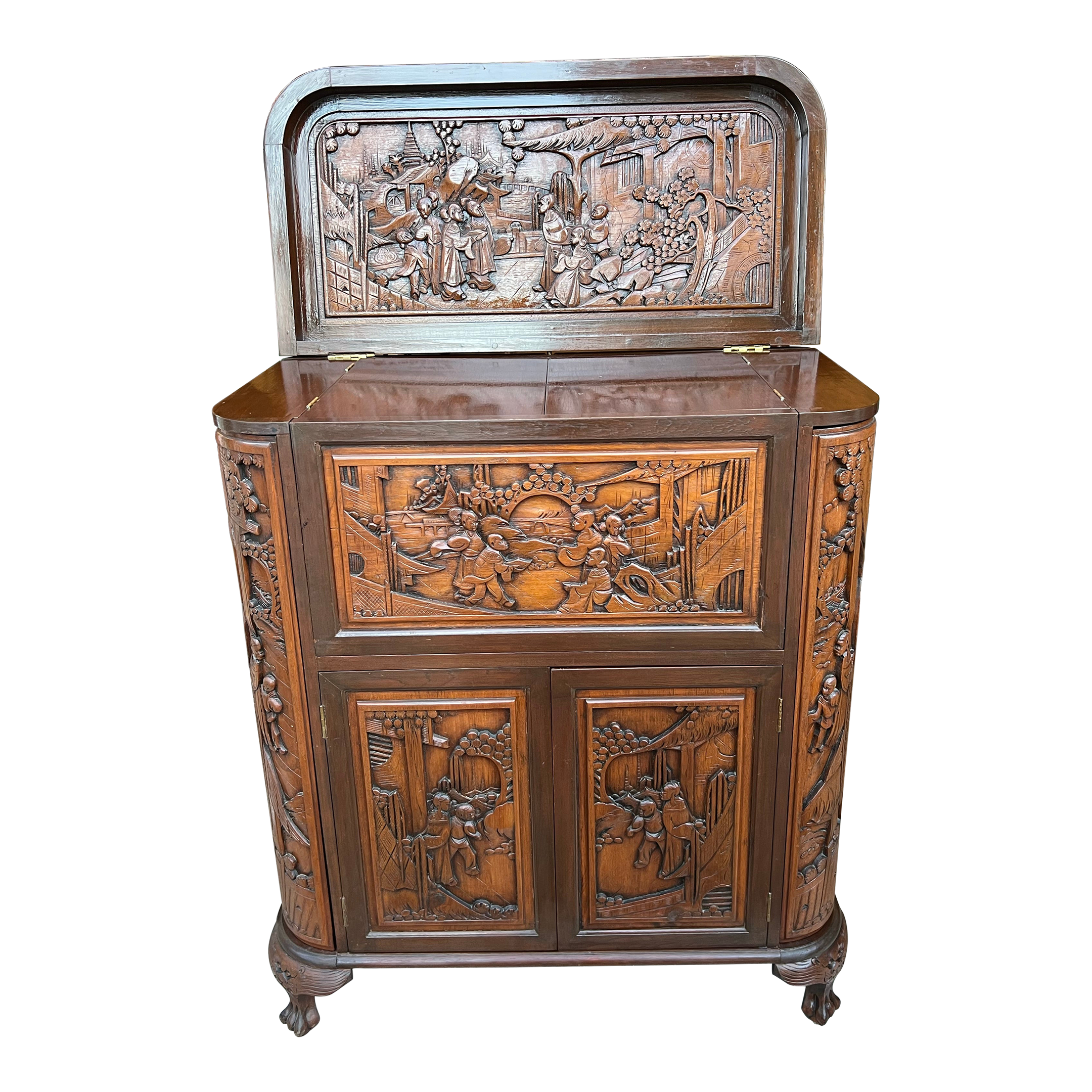 1960s George Zee Style Mid-Century Asian Heavily Hand Carved Flip