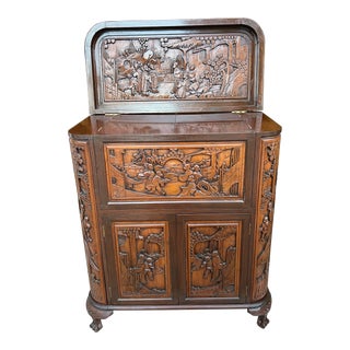1960s George Zee Style Mid-Century Asian Heavily Hand Carved Flip Top Dry Bar Cabinet. For Sale