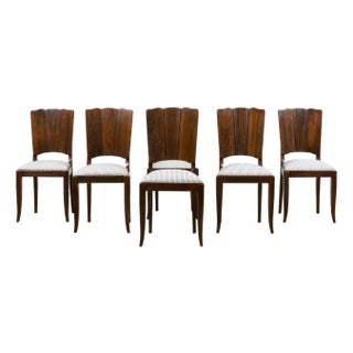 1920s French Art Deco Walnut Dining Chairs W/ Striped Linen - Set of 6 For Sale