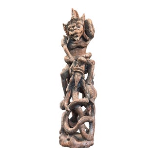 Vintage Folk Art Hand Carved Balinese Hanuman Deity With Naga Dragon Sculpture For Sale