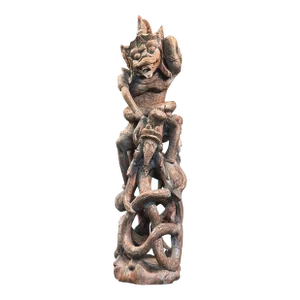 Vintage Folk Art Hand Carved Balinese Hanuman Deity With Naga Dragon Sculpture