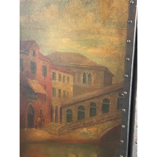 Antique Italian Ponte Rialto Handpainted Parchment Leather Floor Screen For Sale In Miami - Image 6 of 18