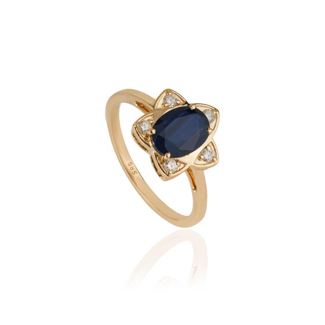 VR Jewels 14k Yellow Gold 1.3ct Oval Deep Blue Sapphire & Diamond Star Cluster Ring Size 4 For Sale - Image 4 of 18