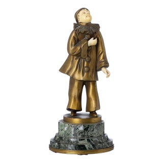 Sculpture of Pierrot, 19th Century, Gilded Bronze on Marble Base For Sale