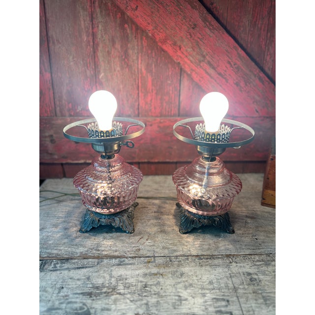 Pair of Vintage Pink Glass Hobnail Electric Lamps With Ornate Metal Bases - 10" High For Sale - Image 12 of 15