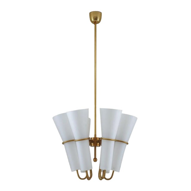 Ceiling Light in Brass and Opaline Glass attributed to Hans-Agne Jakobsson, 1950s For Sale