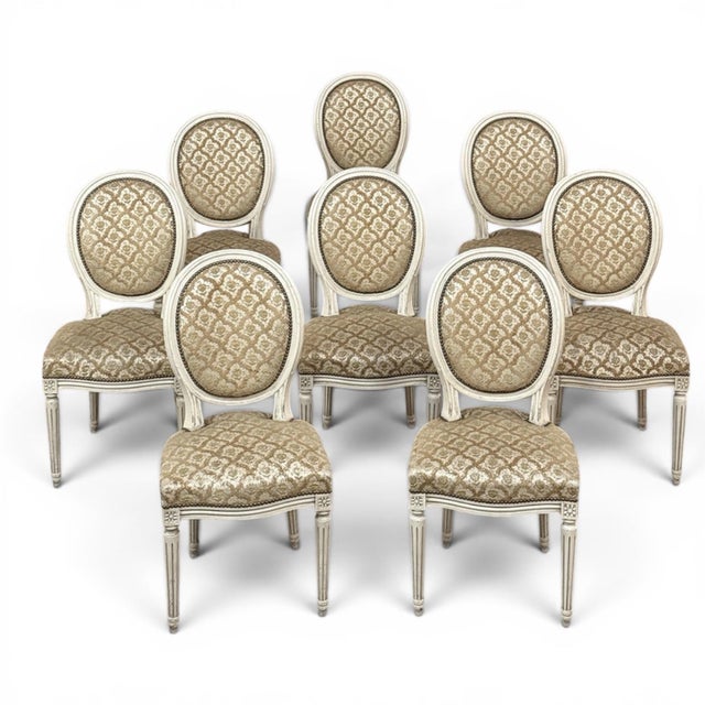 Mid 20th Century Set of 8 Antique French Louis XVI Painted Dining Chairs With Damascene Upholstery For Sale - Image 5 of 15