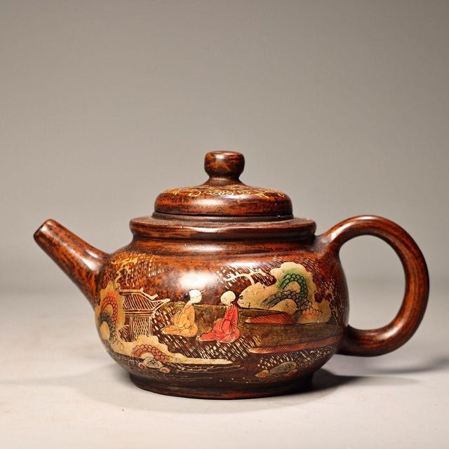 Vintage Yixing Zisha Teapot With Box – Hand-Painted Gilt Landscape Teapot For Sale - Image 4 of 9