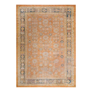 1880s Orange Salmon Geometric Tribal antiqueTurkish Decorative Angora Oushak Rug 9'9" X 13'3" Handknotted Wool Carpet For Sale