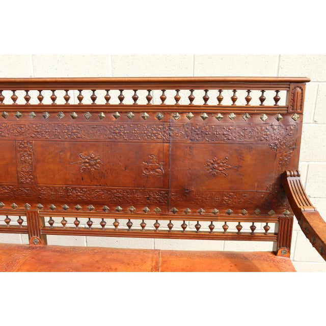 Early 20th Century Spanish Colonial Style Carved Wood and Tooled Leather Long Bench For Sale - Image 13 of 18