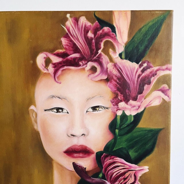 Vintage stunning acrylic painting portrait of a woman surrounded by iris blossomed. Original acrylic art, not a print....