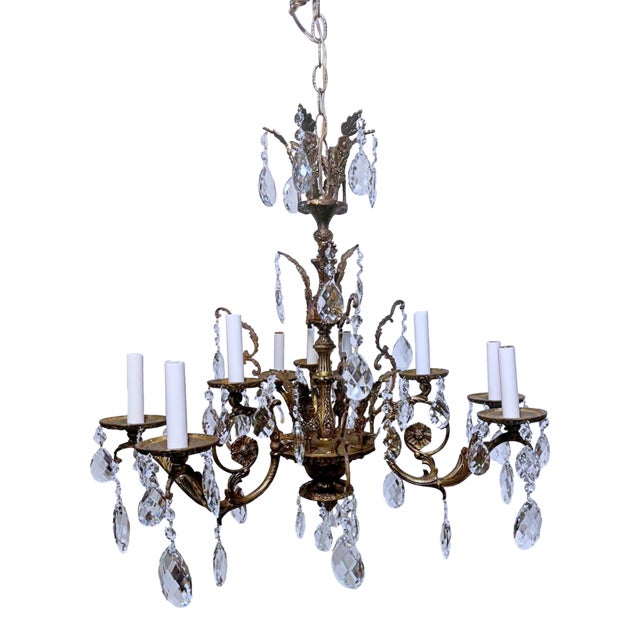 1920s Vintage Spanish Chandelier With Crystal Prisms For Sale
