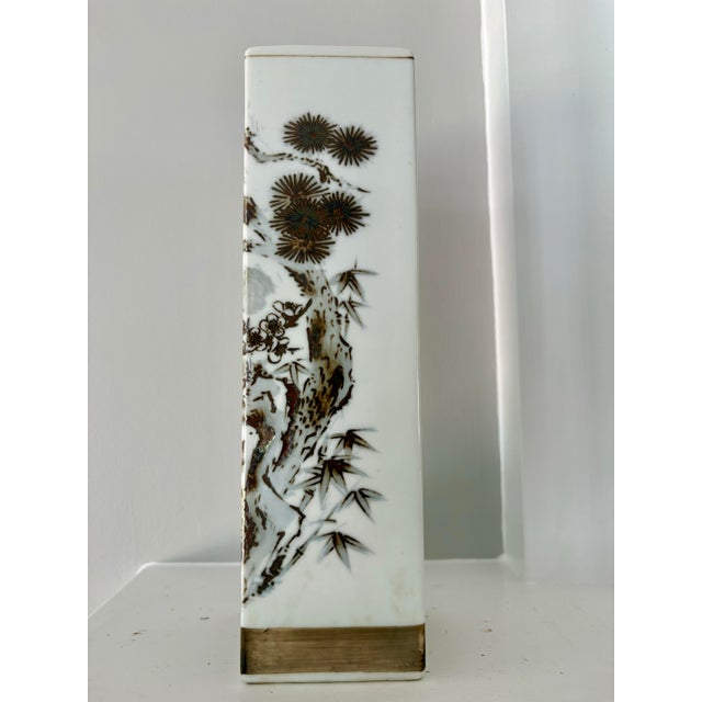 Ceramic Vintage Mid-Century Japanese Hand-Painted Porcelain Square Sleeve Vase For Sale - Image 7 of 12
