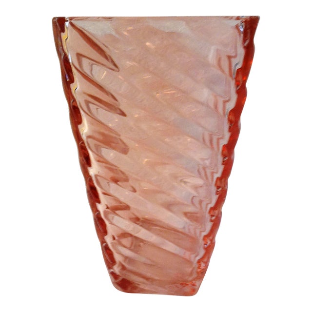 Vintage Pink Glass Chevron Design Vase For Sale