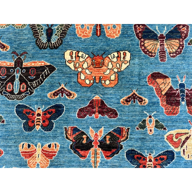 2000 - 2009 Denim Blue Butterfly Moth Pictorial Hand-Knotted Wool Rug - 4'11" X 6'6" For Sale - Image 5 of 10