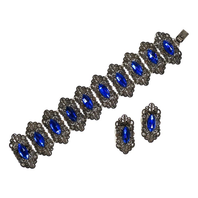 Antique Edwardian Sapphire Vauxhall Glass Bracelet Set 1910s For Sale