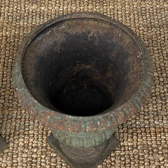 Pair 19th Century French Neoclassical Cast Iron Garden Vases ~ Jardinieres For Sale - Image 12 of 13