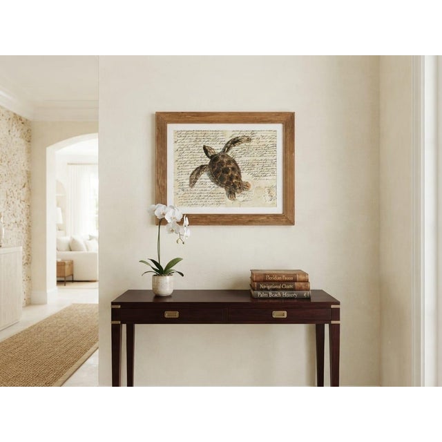 Vintage Sea Turtle Script Art Print in Fluted Wooden Frame For Sale - Image 10 of 12