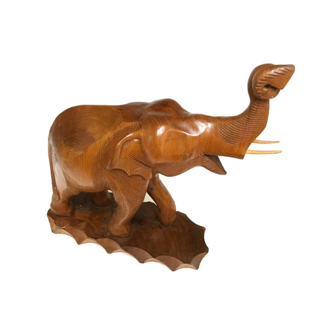 Wood Solid Teak Wood Hand Carved Trunk Up Elephant Statue - a Pair For Sale - Image 7 of 12