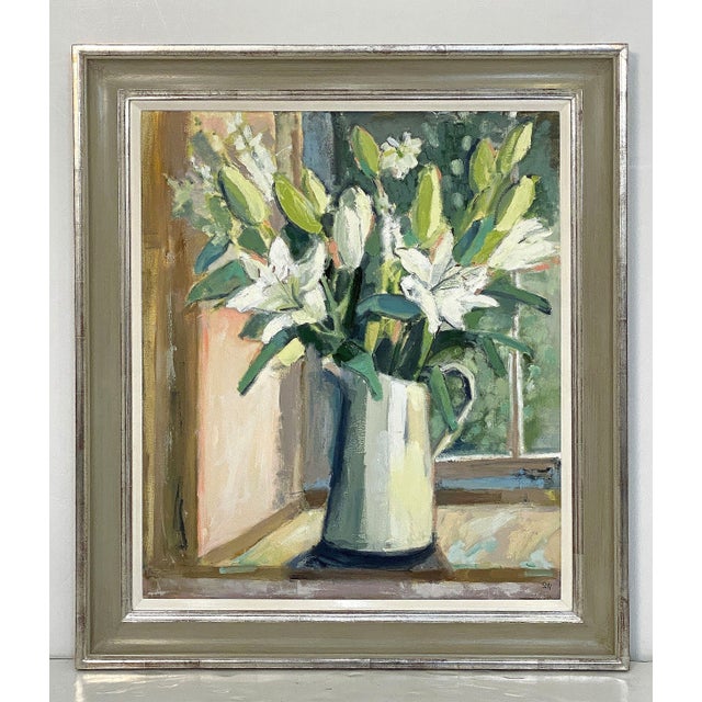 A fine contemporary British still life oil painting on canvas of white lilies in a jug displaying a masterful use of...