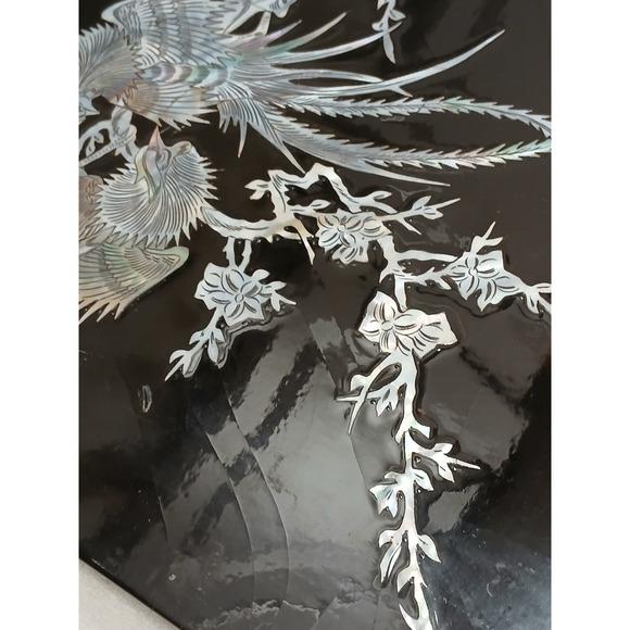 Exotic Asian Mother of Pearl Inlay Lacquer Art Panel Peacock Phoenix Birds Black Silver For Sale - Image 11 of 14