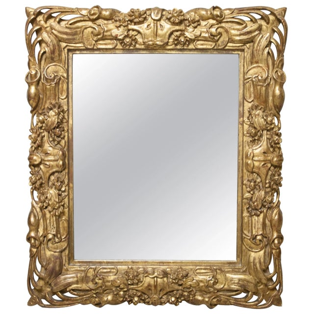 Art Nouveau Style Rectangular Gold Foil Hand Carved Wooden Mirror, 1970s For Sale - Image 9 of 9