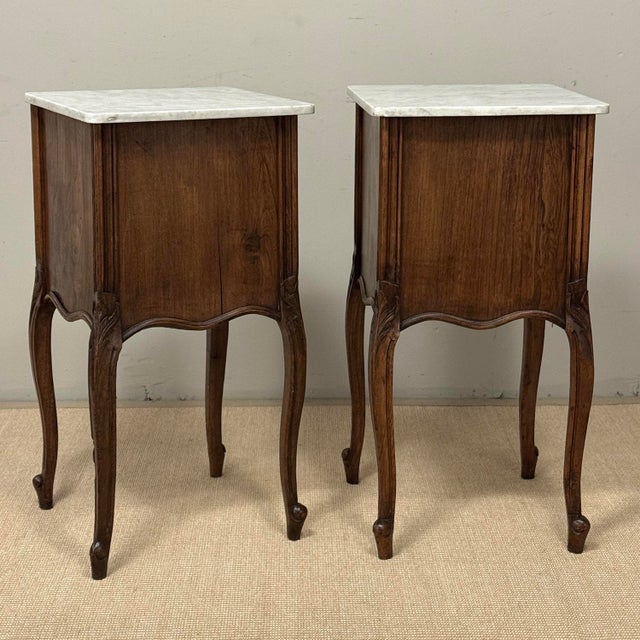 Pair of Antique French Louis XV Oak Nightstands With Carrara Marble For Sale - Image 18 of 18