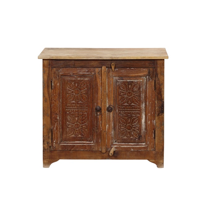 Two-Door Nightstand Made From Antique Indian Teakwood Architectural Elements For Sale In Santa Fe - Image 6 of 8