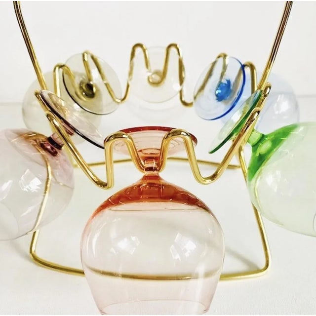 Mid-Century Cognac Glasses Set with Brass Rack, Set of 7 For Sale - Image 9 of 11