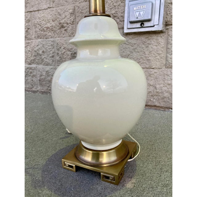 Hollywood Regency Porcelain Ginger Jar Lamp Greek Key Solid Brass Base For Sale In Denver - Image 6 of 13