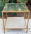 Elegant Lillian August Anton side table with eglomized mirrored top with gold accent stripe and a textured pearl gray...