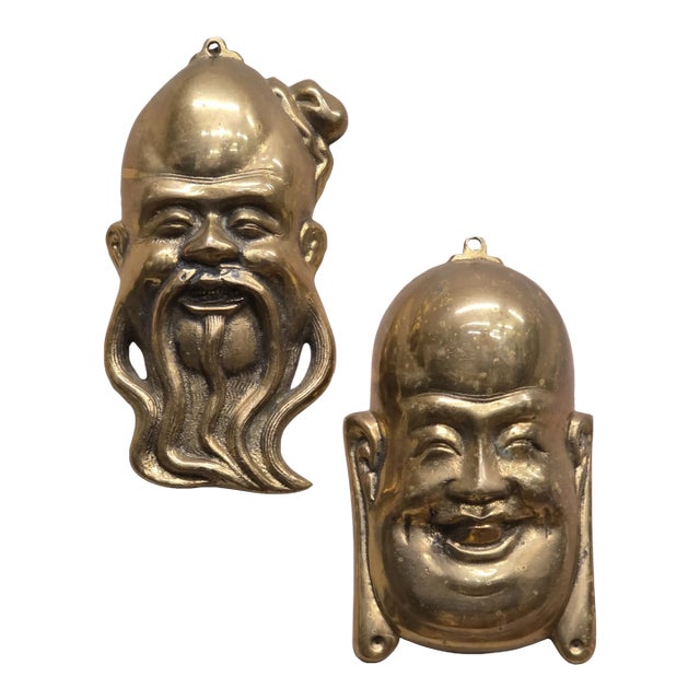 Vintage Brass Wall Masks, Chinoiserie Wall Plaques — Set of 2 For Sale