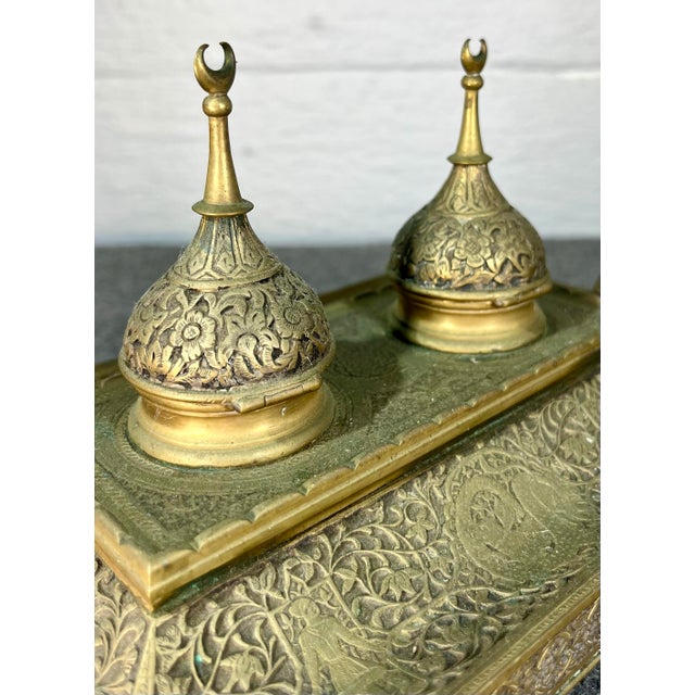 Antique Embossed Brass Double Inkwell For Sale In Orlando - Image 6 of 11