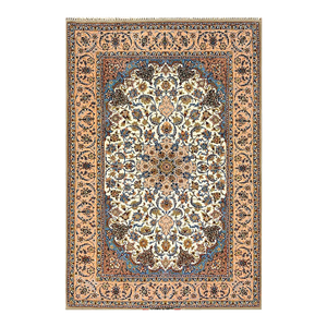 1940s Ivory Medallion Antique Persian Qum Rug 4' 8" X 6' 8" Knotted Wool Carpet