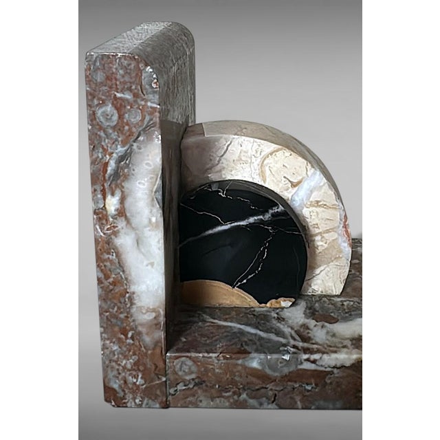 Brown Pair of French Art Deco Bookends in Polychrome Marble For Sale - Image 8 of 18