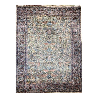 Vintage Oversized Persian Kerman Lavar Rug, Hand-Knotted Wool, Floral Pattern, Ivory & Blue, 11’ X 18’ For Sale
