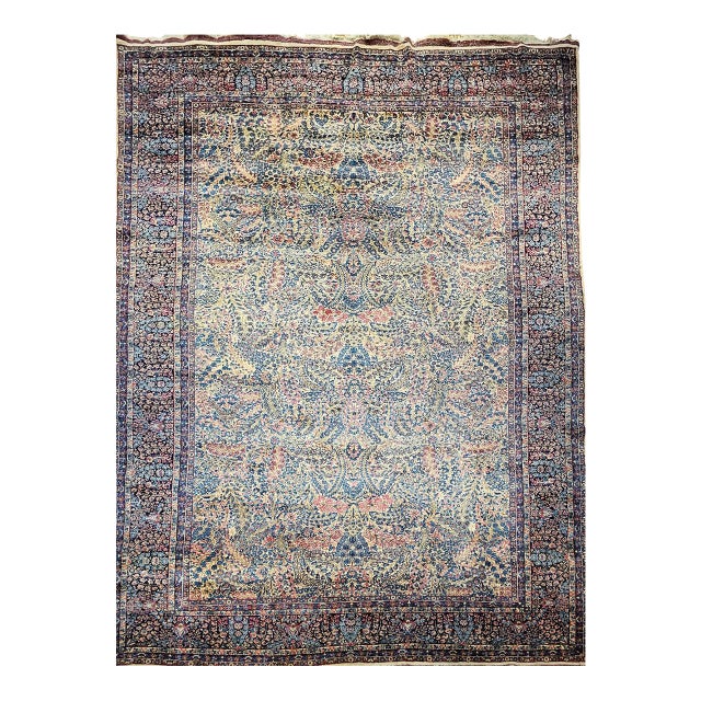 Vintage Oversized Persian Kerman Lavar Rug, Hand-Knotted Wool, Floral Pattern, Ivory & Blue, 11’ X 18’ For Sale