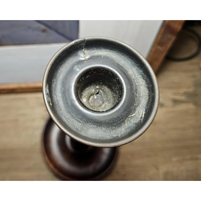 Brown Pair of Antique English Oak Barley Twist Candlesticks For Sale - Image 8 of 14