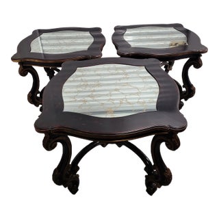 1980s Set of 3 Custom Accent Side Tables With Antiqued Silver Mirrored Tops For Sale