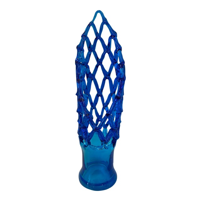 Unique 20" Tall Brilliant Blue - Lattice Web - Hand-Blown Decorative Glass Vase For Sale