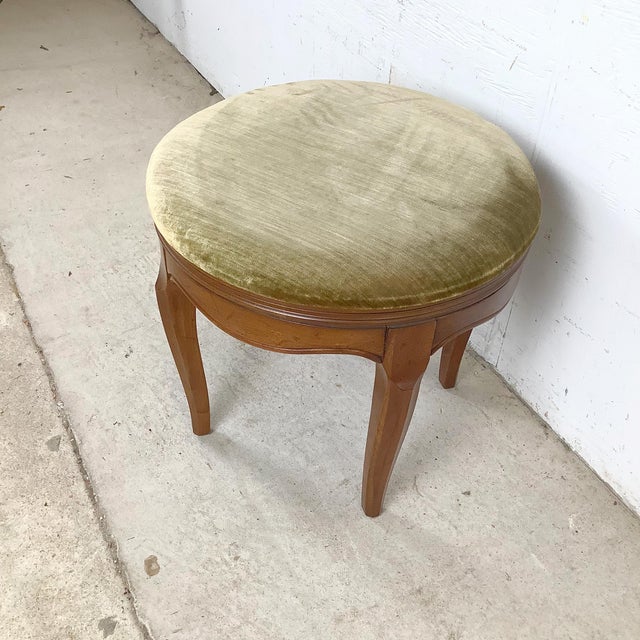 Vintage French Provincial Swivel Stool in Cherry With Sage Velvet, Cabriole Legs, 1950s–1970s For Sale - Image 9 of 12
