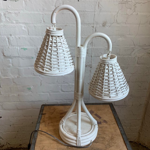 Mid-20th Century White French Boho Double Rattan Table Lamp Manner of Louis Sognot For Sale In Baltimore - Image 6 of 12