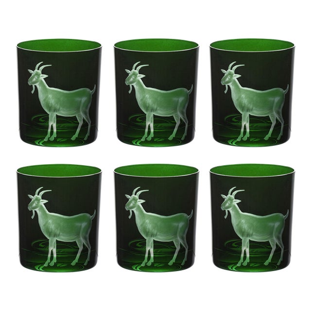 ARTEL Barnyard Collection Goat Double Old Fashioned Glasses in British Racer Green, Set of 6 For Sale