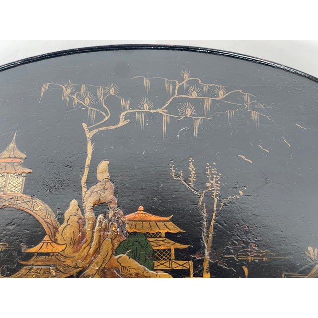 Chinoiserie Chinoiserie Black Lacquer Oval Side Table Early 20Th. Century. For Sale - Image 3 of 12